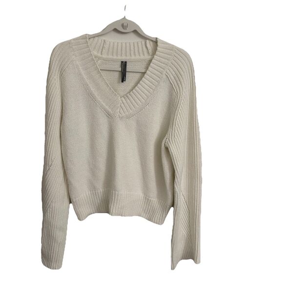 Anthropologie Sweaters - Anthropologie Sweater Womens Large Ivory Wool Blend V-neck Pullover Knit Preppy